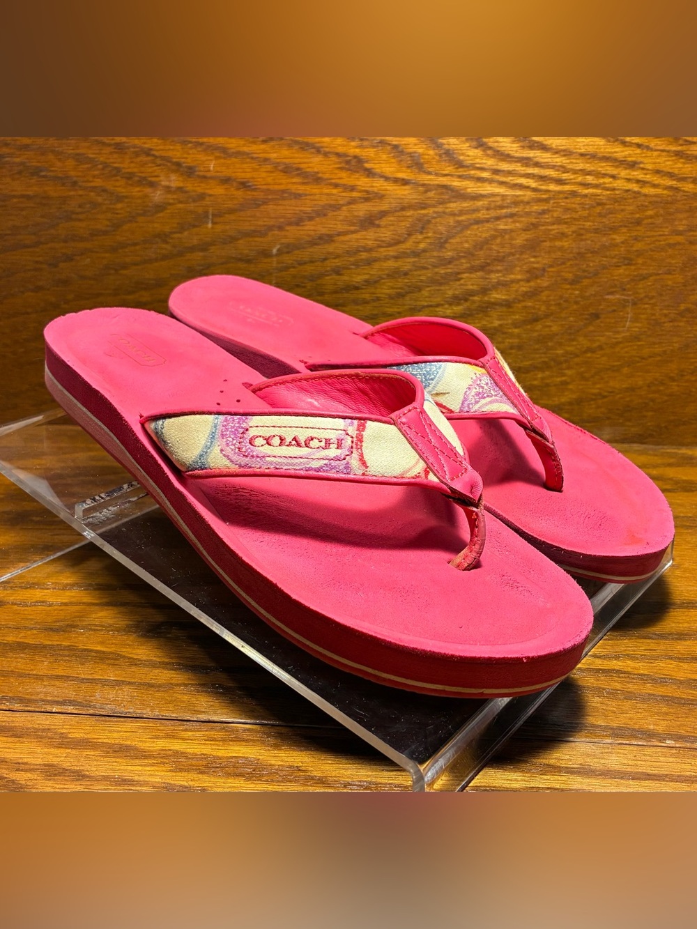 Coach Jolie Signature Satin & Leather Strap Flip Flops Thong Sandals Pink Size 8